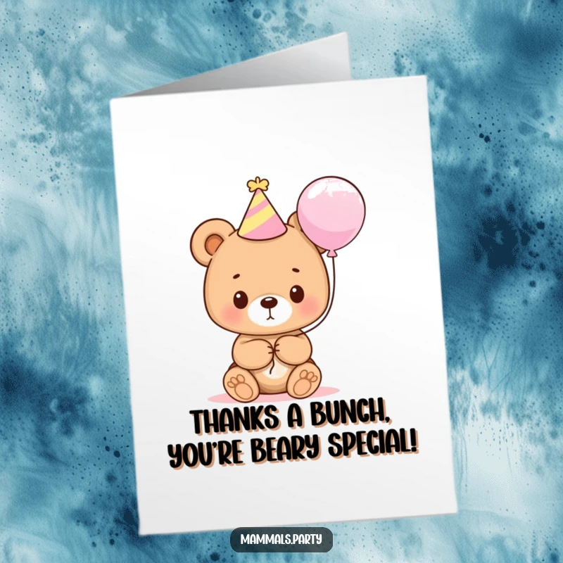 Funny Free Printable Thank You Card featuring a cute bear cub in a party hat holding a balloon, a symbol of sweet gratitude.