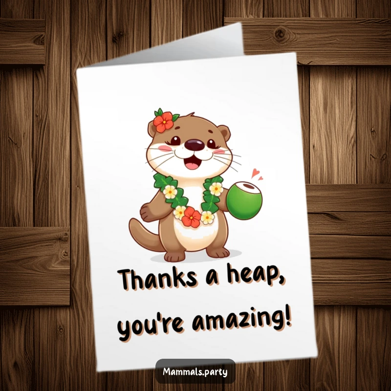 Funny Free Printable Thank You Card of a playful otter in a lei juggling coconuts, offering thanks from paradise.