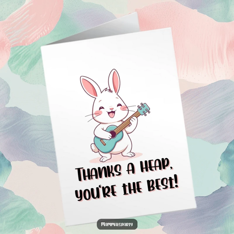 Funny Free Printable Thank You Card featuring a cheerful rabbit strumming a tiny guitar, offering thanks with a big smile.