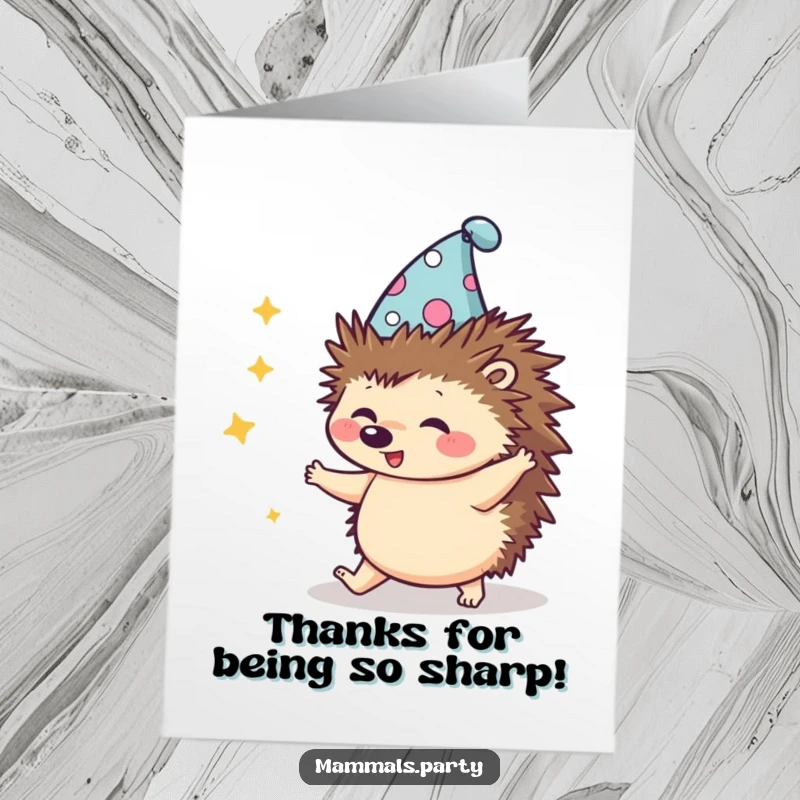 Funny Free Printable Thank You Card: A cute kawaii hedgehog in a silly hat, doing a funny, clumsy dance. Cheerful downloadable art.