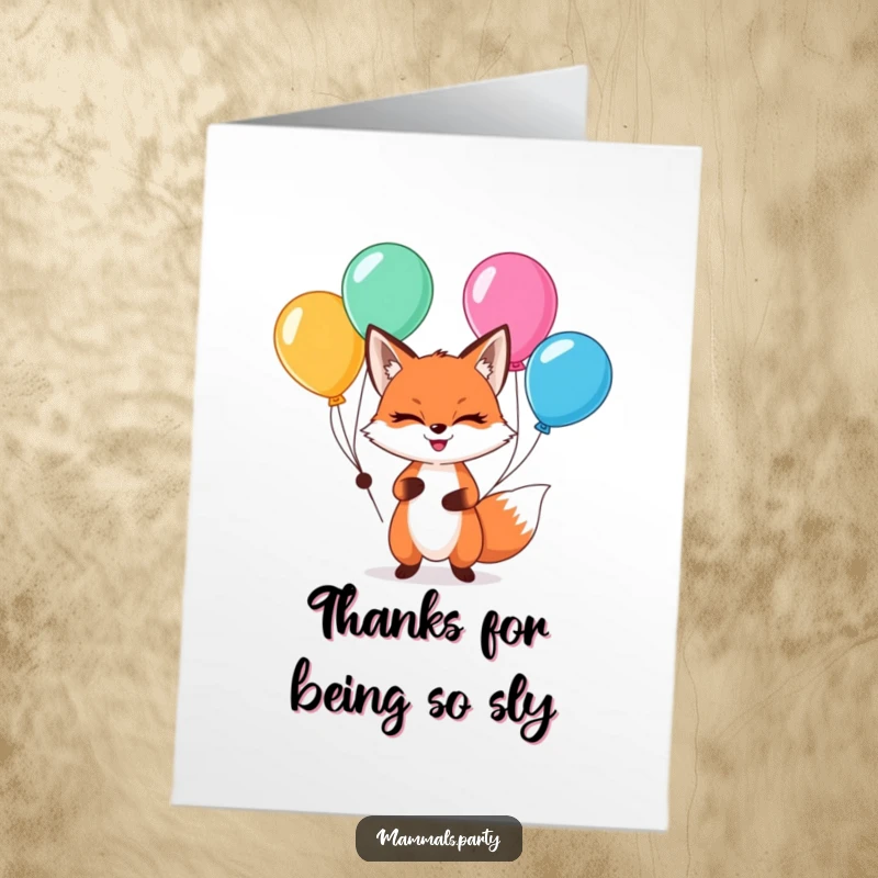 Free Printable Thank You Card: A sly kawaii fox maintains a cheeky grin while juggling a vibrant assortment of balloons.