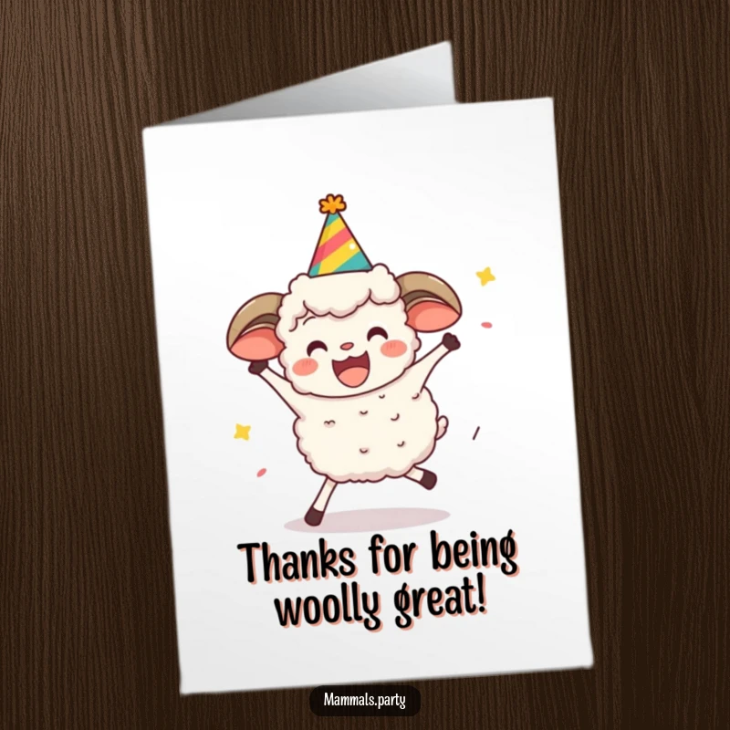 Funny Free Printable Thank You Card: A sheep in a party hat attempting to limbo, expressing thanks with downloadable cheer.