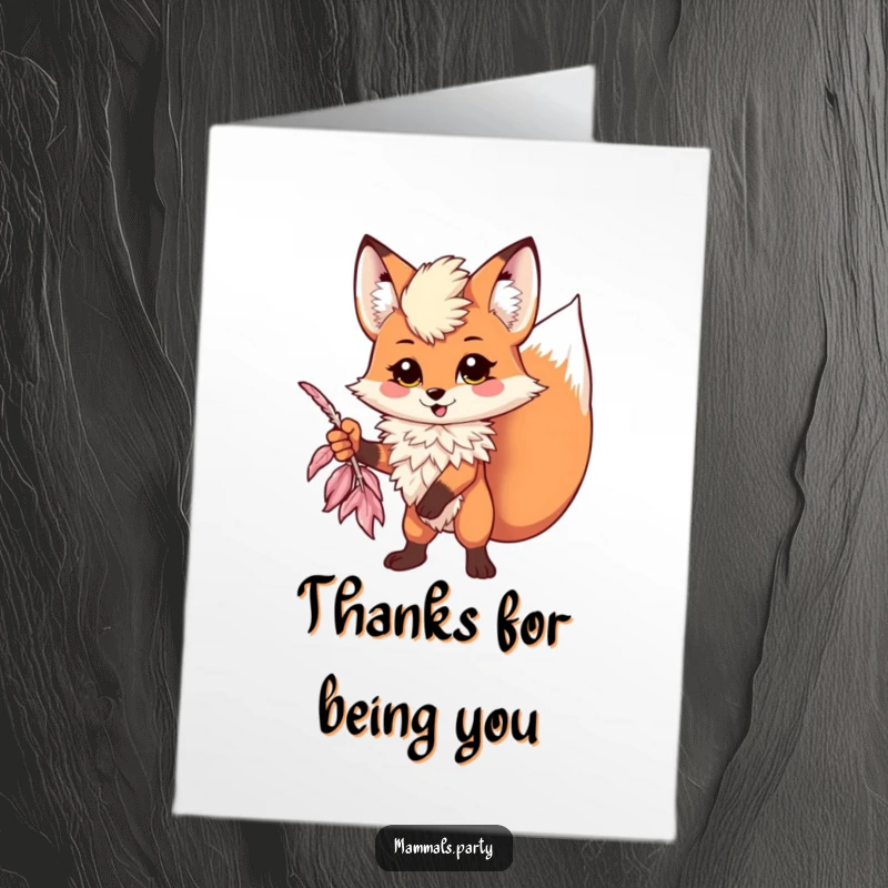 Funny Free Printable Thank You Card: A Kawaii fox in a feather boa strikes a bold, theatrical pose.