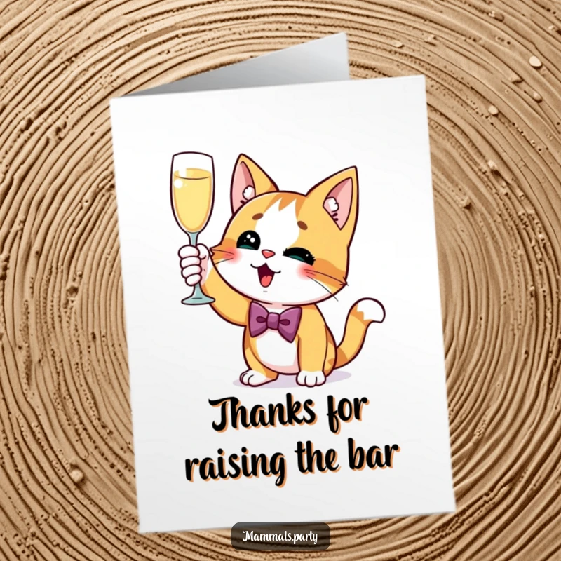 Funny Free Printable Thank You Card: A cat wearing a bow tie, gleefully raising a champagne glass in thanks.