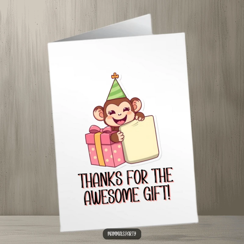 Funny Free Printable Thank You Card: A delighted monkey in a party hat, excitedly opening a huge present.