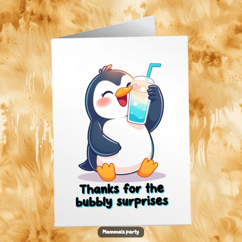 Funny Free Printable Thank You Card: Joyous penguin with a fizzy drink cup, expressing thanks with a bubbly and cheerful toast.