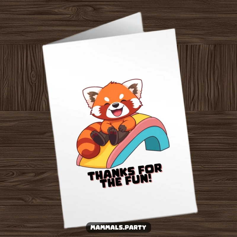 Funny Free Printable Thank You Card: Giggling red panda zooms down a rainbow, spreading infectious gratitude.