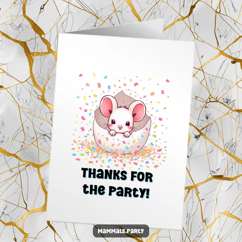 Funny Free Printable Mouse Thank You Card peeking from exploding confetti, a charming downloadable.