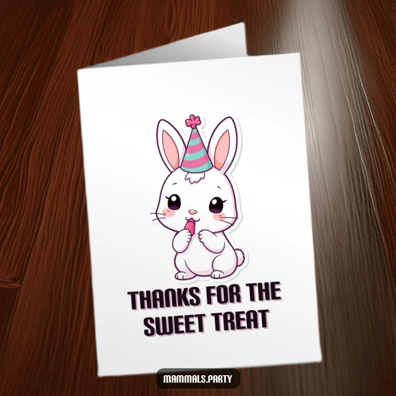 Free Printable Thank You Card: A joyful kawaii bunny sporting a party hat tries its best to make noise with a party favor.