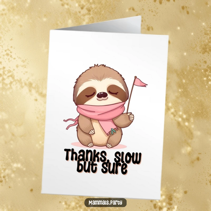 Funny Free Printable Thank You Card: Sleepy sloth wearing party streamers waves a tiny flag, offering a slow, heartfelt thank you.