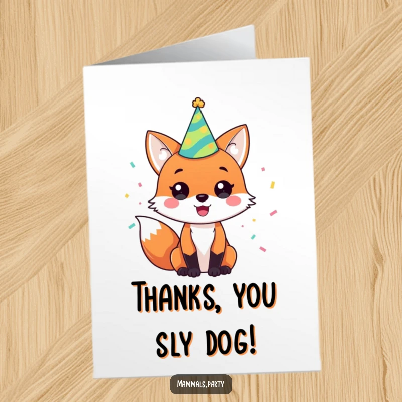 Funny Free Printable Thank You Card: A happy fox wearing a party hat and surrounded by confetti, expressing thanks enthusiastically.
