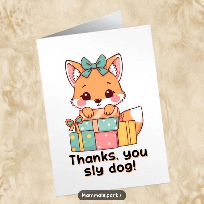 Free Printable Thank You Card: A playful fox peeks from behind wrapped presents, offering thanks secretly.