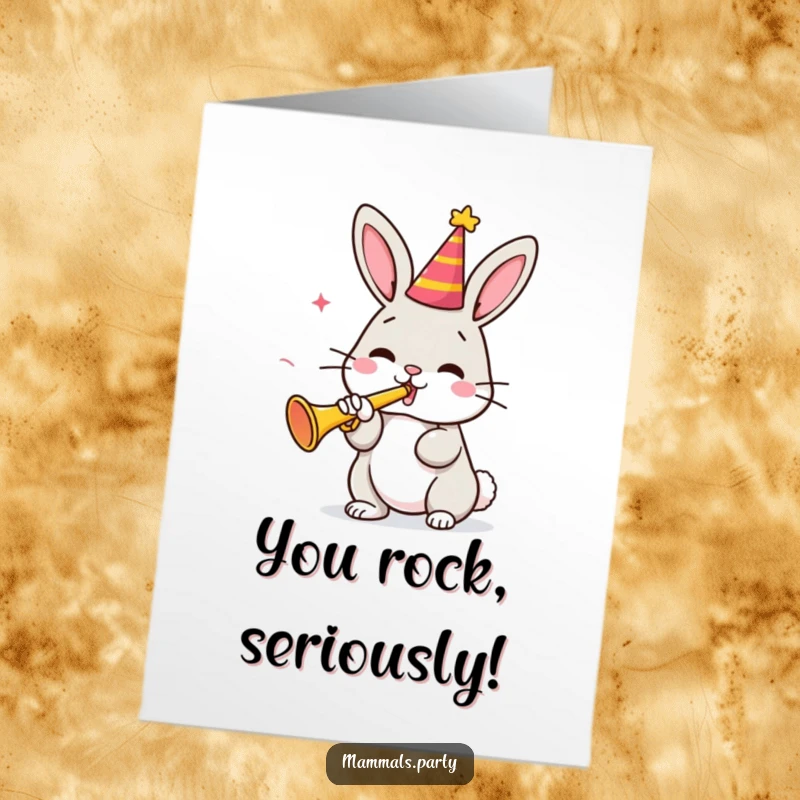 Funny Free Printable Thank You Card with a cute bunny wearing a party hat, playing a small trumpet.