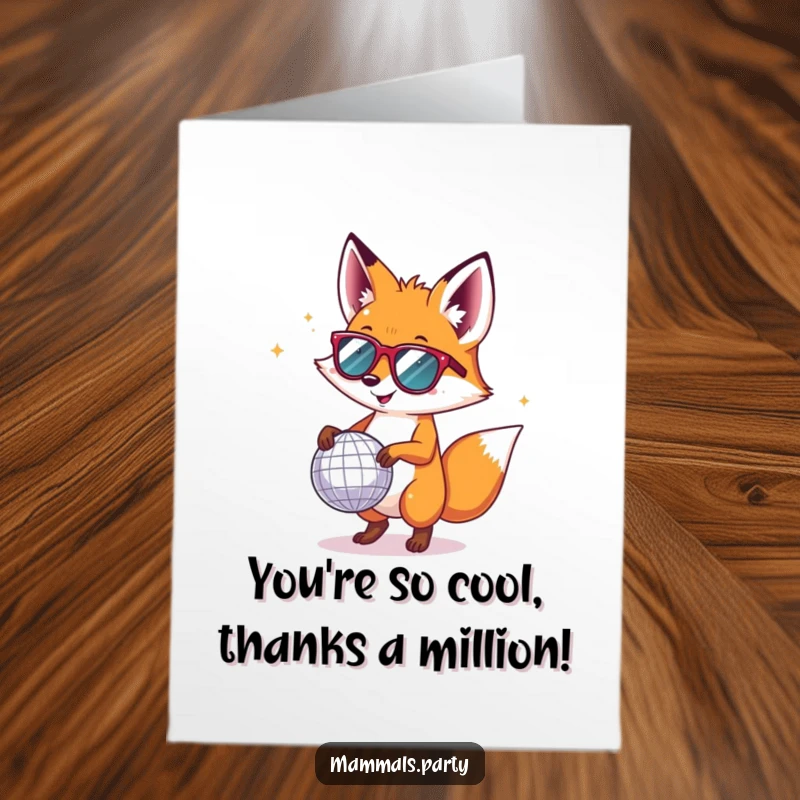 Funny Free Printable Thank You Card featuring a happy fox in sunglasses, dancing with a disco ball, sending groovy thanks.