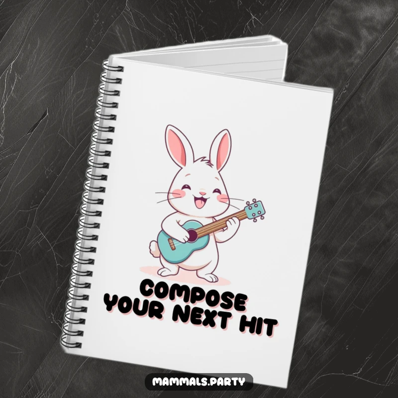 Funny rabbit with a grin, strumming a tiny guitar, on the cover of a notebook for musical note-taking.
