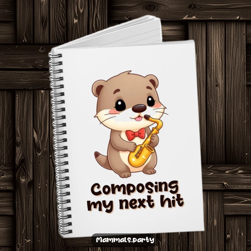 Funny Notebook with a dapper otter in a bowtie playing a tiny saxophone, ideal for jotting down notes with musical flair.