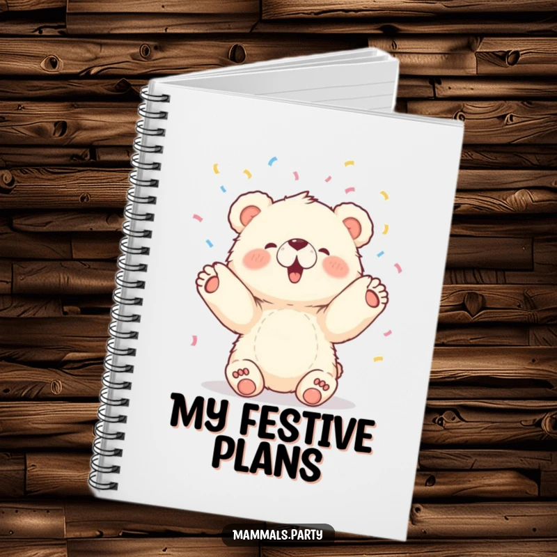 Funny notebook cover depicting a fluffy bear cub joyfully tossing confetti upwards with its paws, perfect for journaling.