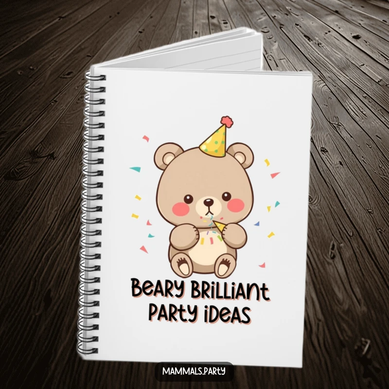 Funny bear notebook with a character in a party hat blowing confetti, ideal for jotting down funny thoughts and celebration plans.