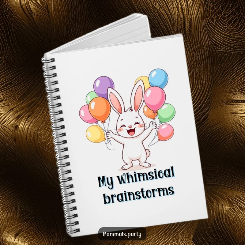 Funny notebook with a happy bunny character juggling a variety of colorful balloons, perfect for jotting down ideas with joy.