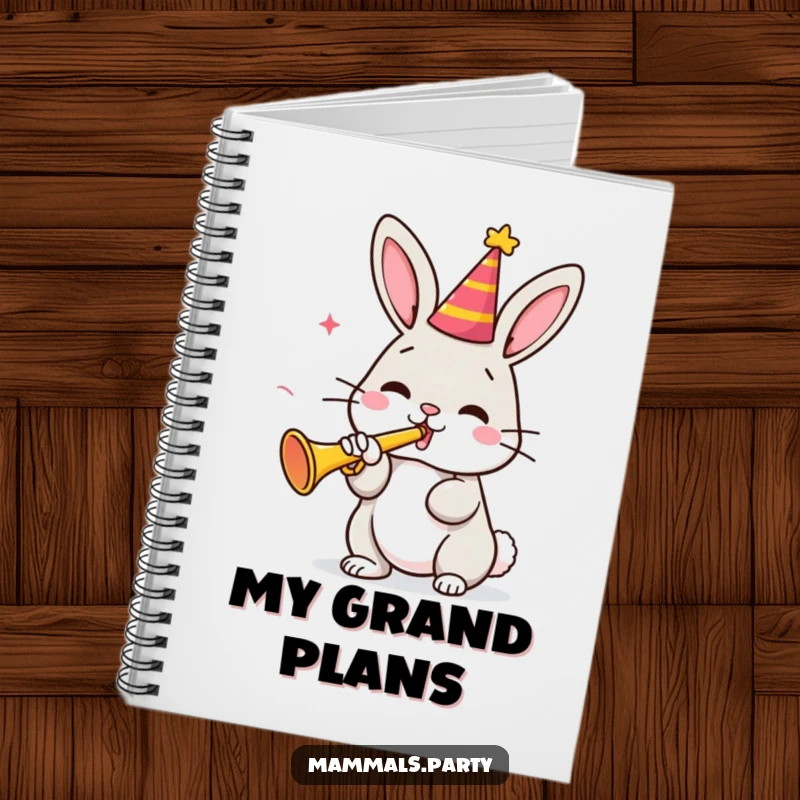 Funny bunny with a party hat actively playing a small trumpet on the cover of a notebook, making it a cheerful and funny gift.