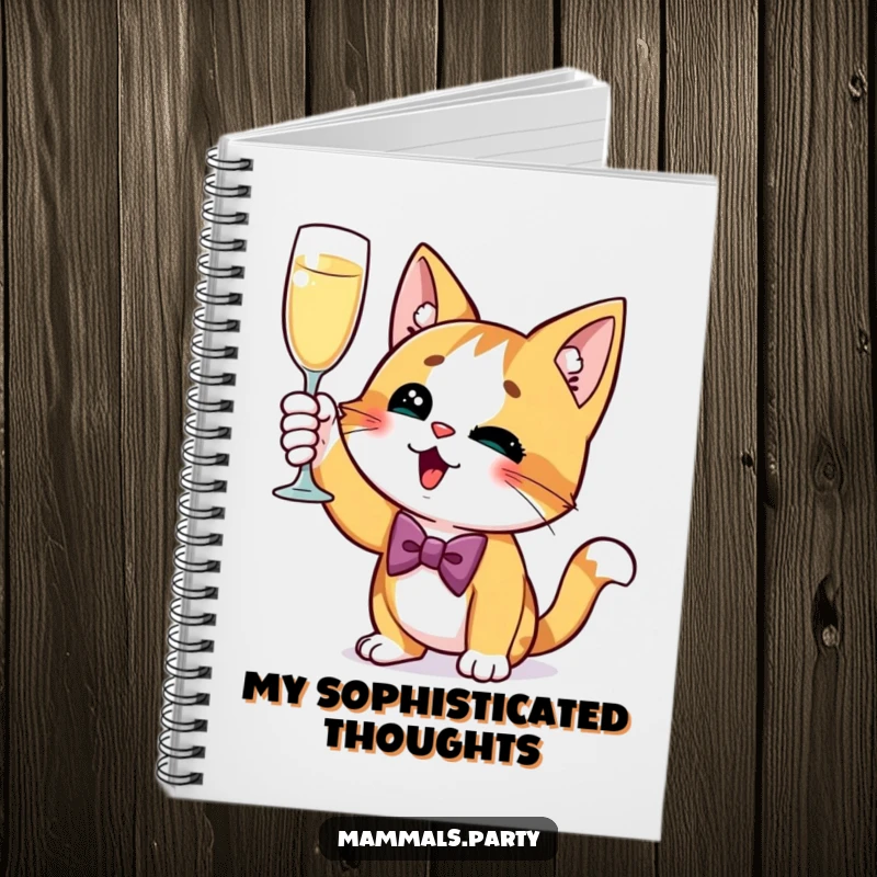 Funny Cat Notebook with a curious cat in a bow tie, excitedly raising a champagne glass, inspiring classy and witty note-taking.