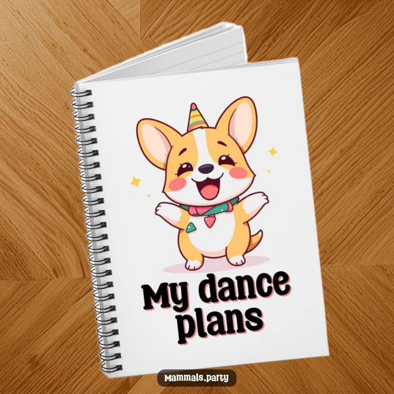 Funny giggling corgi notebook, wearing a party collar and dancing, ideal for jotting down fun plans and ideas.