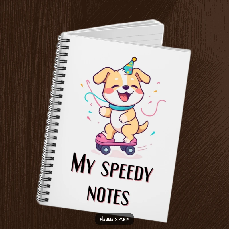 Funny Dog Notebook with a delighted dog and party streamer, enthusiastically riding a roller skate, inspiring fast-paced and fun note-taking.