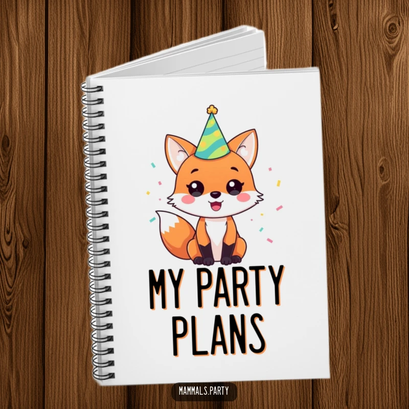 Funny notebook cover featuring a happy fox character wearing a party hat and surrounded by confetti, ready to plan.
