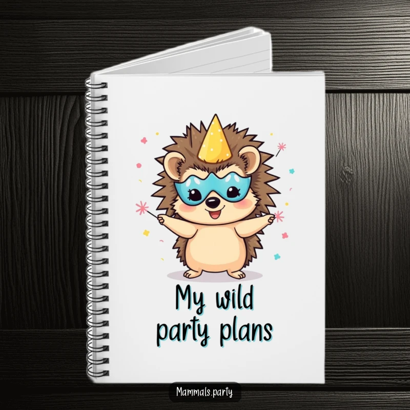 Funny delighted hedgehog notebook, wearing a party mask and juggling confetti poppers, ideal for jotting down party details.