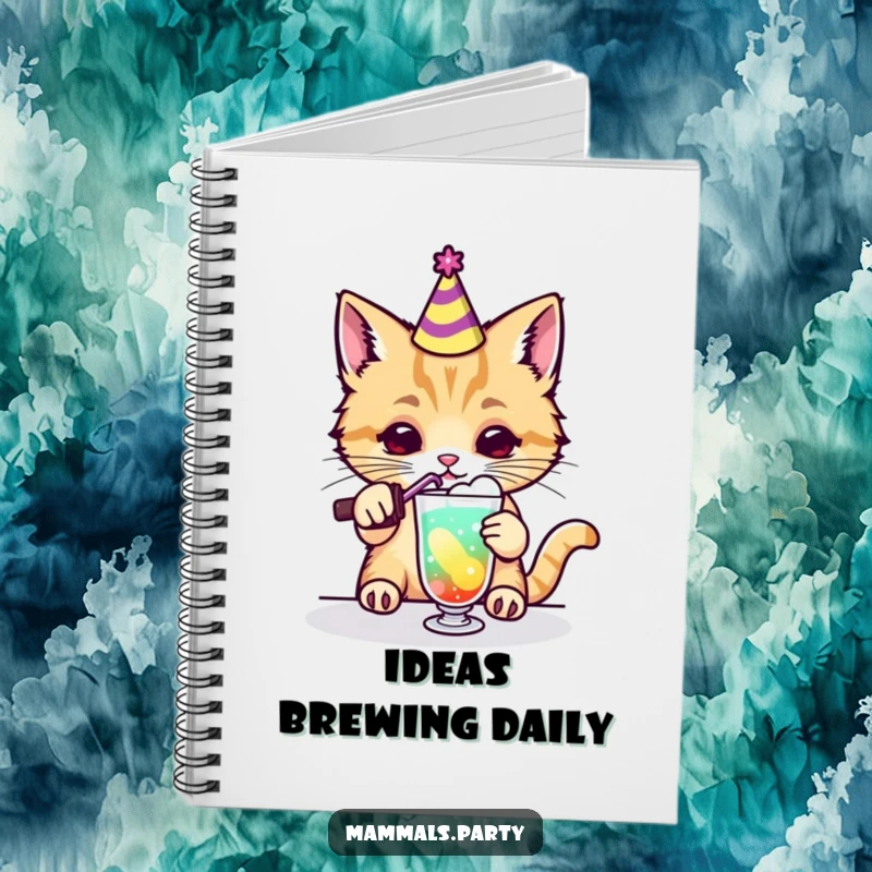 Funny kawaii cat wearing a party hat mixing a colorful drink on a notebook cover, perfect for humorous note-taking.