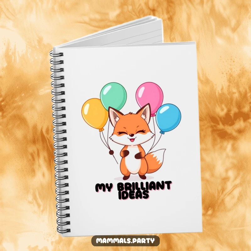 Funny kawaii fox with a sly grin, juggling multicolored balloons, on a cute notebook.