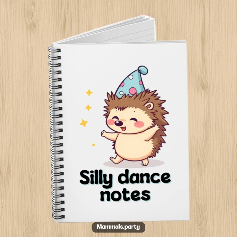 Funny Kawaii Hedgehog wearing a silly hat, attempting a clumsy dance, a notebook for capturing ideas and dance steps.