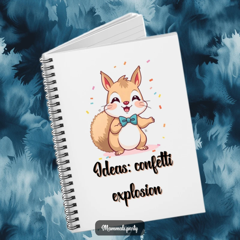 Funny Kawaii Squirrel in a bow tie, scattering confetti, a delightful notebook for capturing exciting ideas and plans.