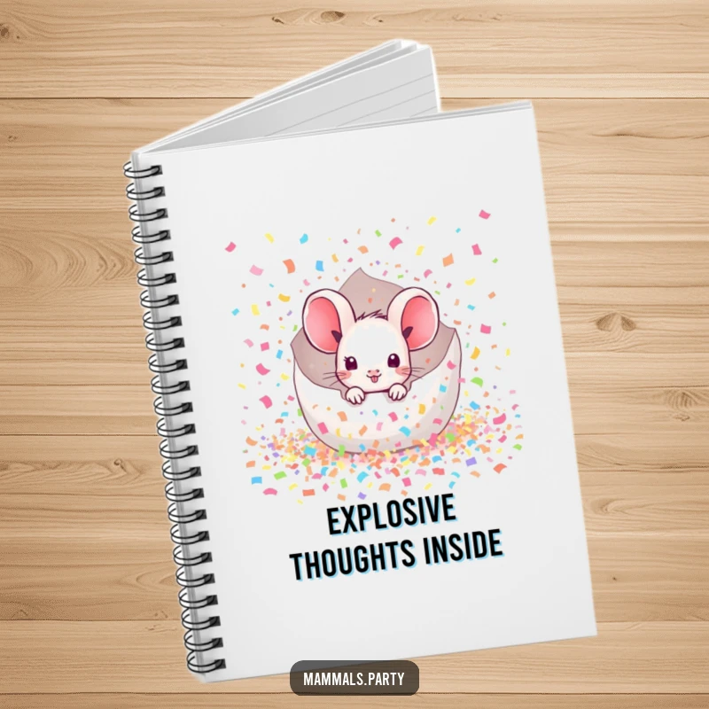 Funny Mouse Notebook: A kawaii mouse peeking from a confetti explosion, ideal for note-taking with a burst of playful energy.