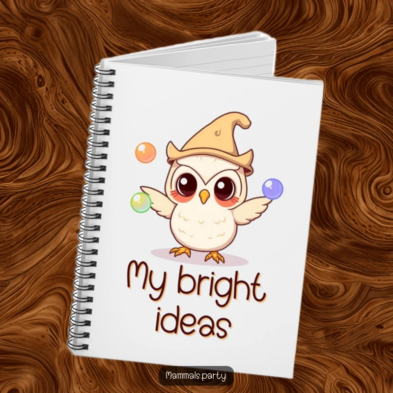 Funny owl with a silly hat juggling glowing orbs on the cover of a notebook, ideal for capturing magical thoughts and ideas.
