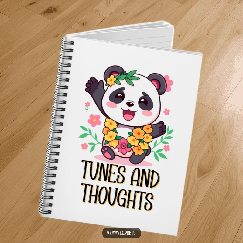 Funny Panda Notebook: A kawaii panda in a festive lei, perfect for jotting down notes with a relaxed and happy vibe.
