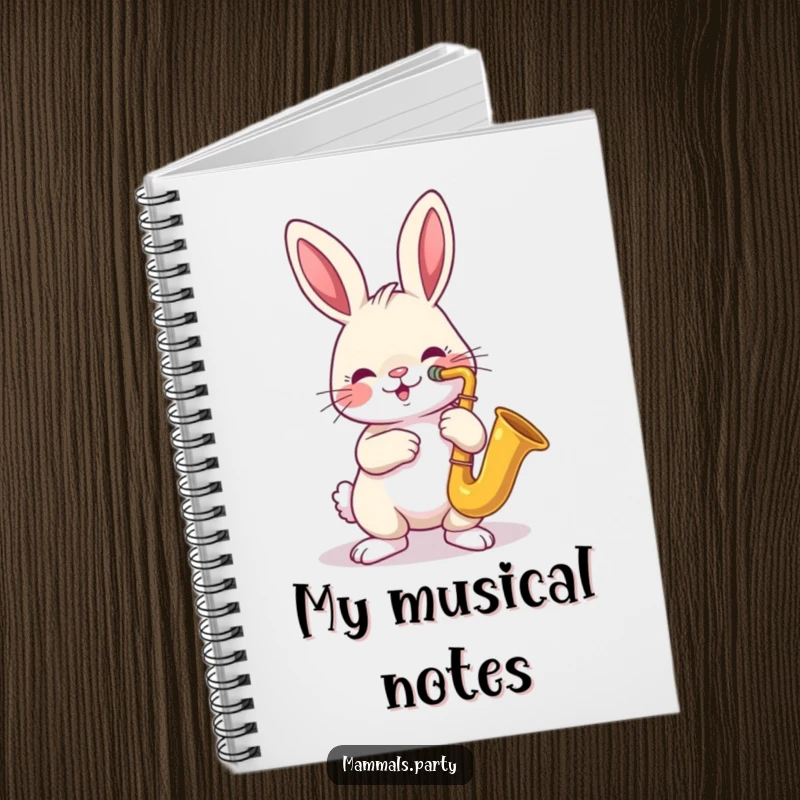 Funny notebook cover featuring a cheerful rabbit character playing a small saxophone, ready to compose some tunes.