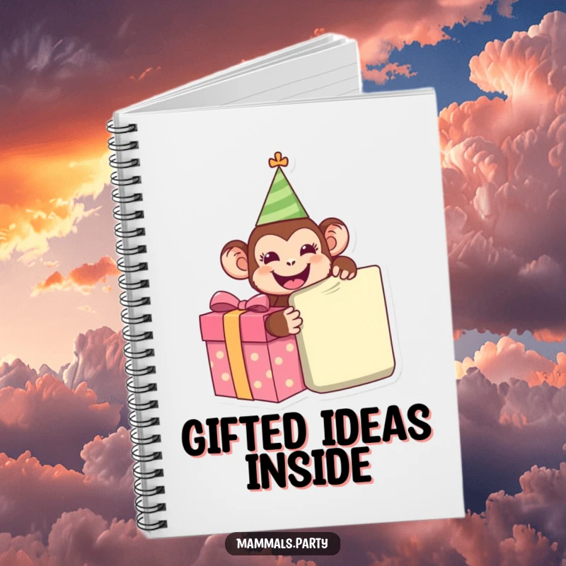 Funny Monkey Notebook with a happy monkey in a party hat, eagerly unwrapping a giant present, inspiring creative and joyful note-taking.