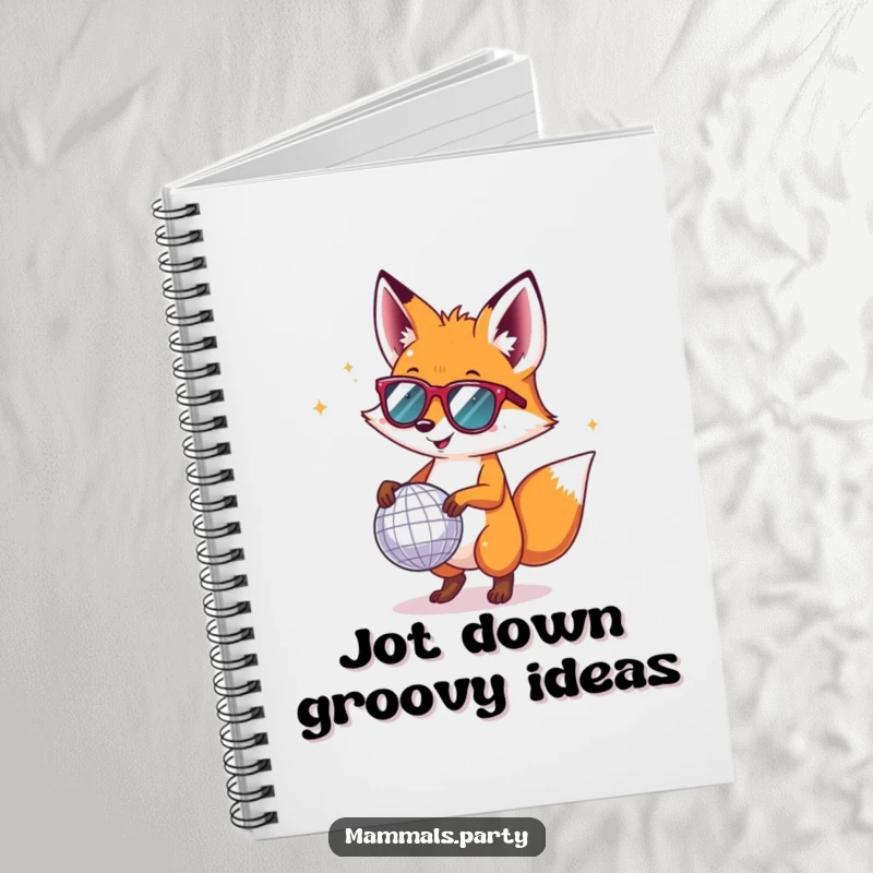 Funny fox wearing sunglasses, dancing with a disco ball, on the cover of a notebook for hilarious note-taking.