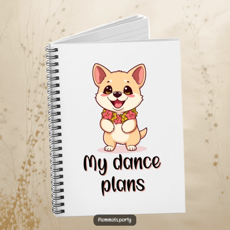 Funny kawaii dog wearing a lei, eyes wide with dance excitement, on a notebook for humorous note-taking.