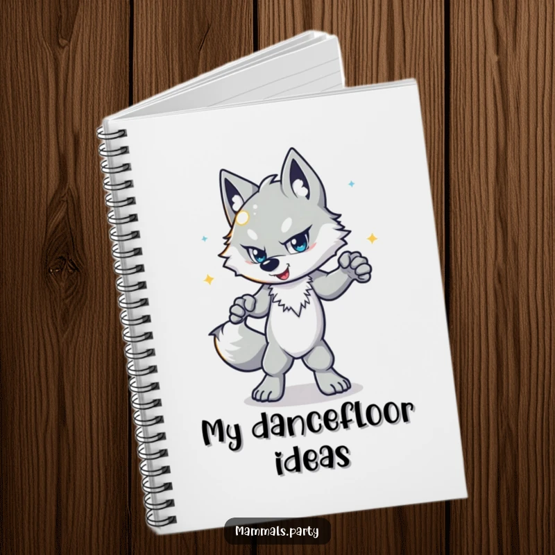 Funny wolf notebook with a determined character disco dancing with a shiny ball, perfect for jotting down dance-inspired notes.