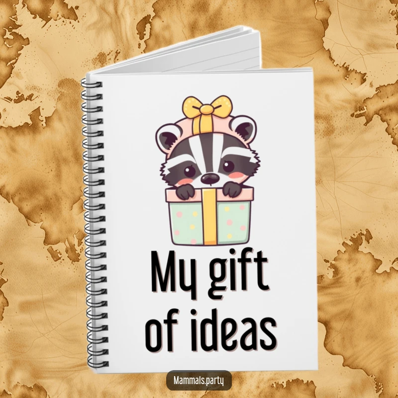 Funny notebook with a playful badger peeking from behind a gift box, great for notes and doodles.