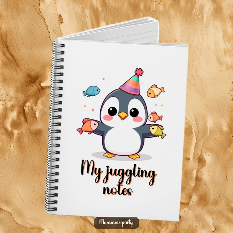 Funny penguin in a party hat juggling colorful fish, featured on a notebook cover for jotting down ideas.