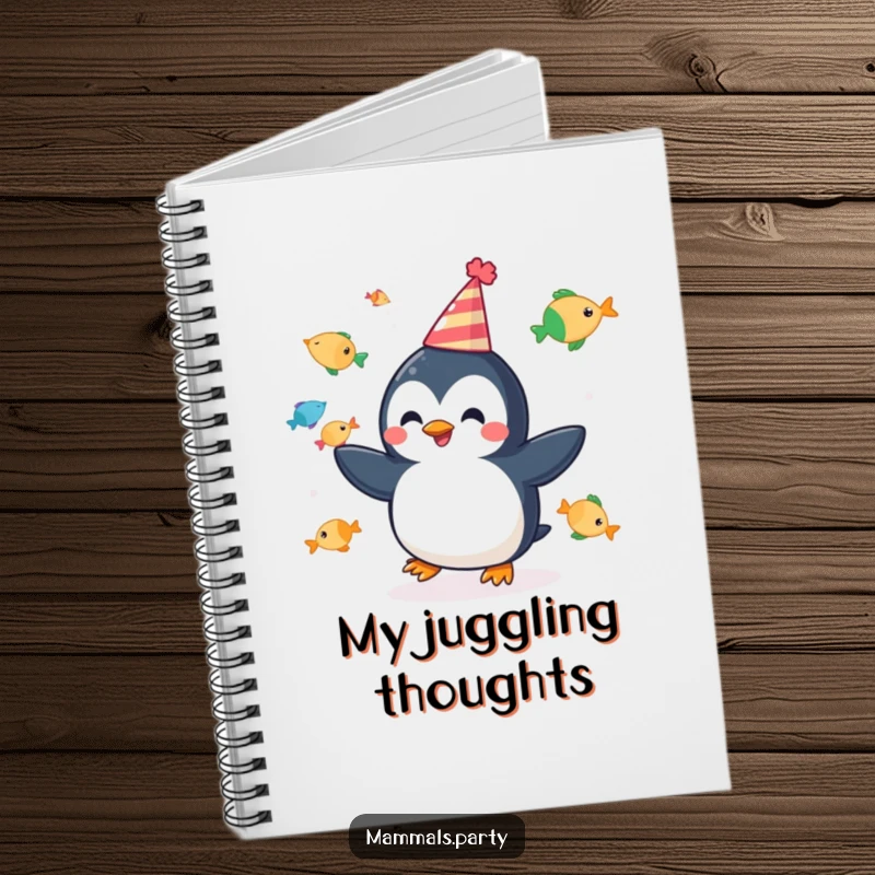 Funny notebook with a cheerful penguin juggling fish and wearing a party hat, great for notes and funny gift ideas.