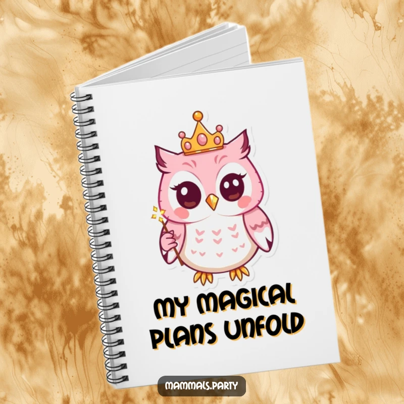 Funny notebook with a kawaii owl wearing a tiny crown and holding a sparkling wand, perfect for jotting down magical ideas.