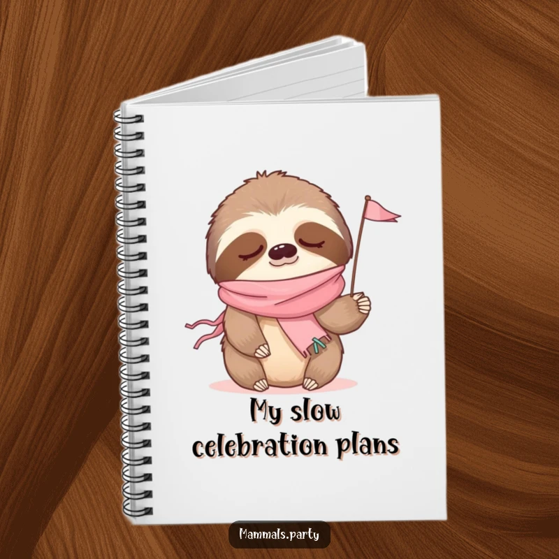Funny notebook with a sleepy sloth wearing a party streamer, waving a tiny flag, perfect for notes.