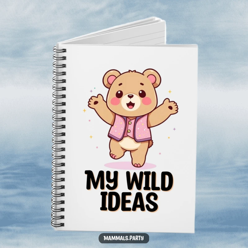 Funny kawaii bear wearing a sparkly vest dancing with abandon on a notebook cover, perfect for humorous note-taking.