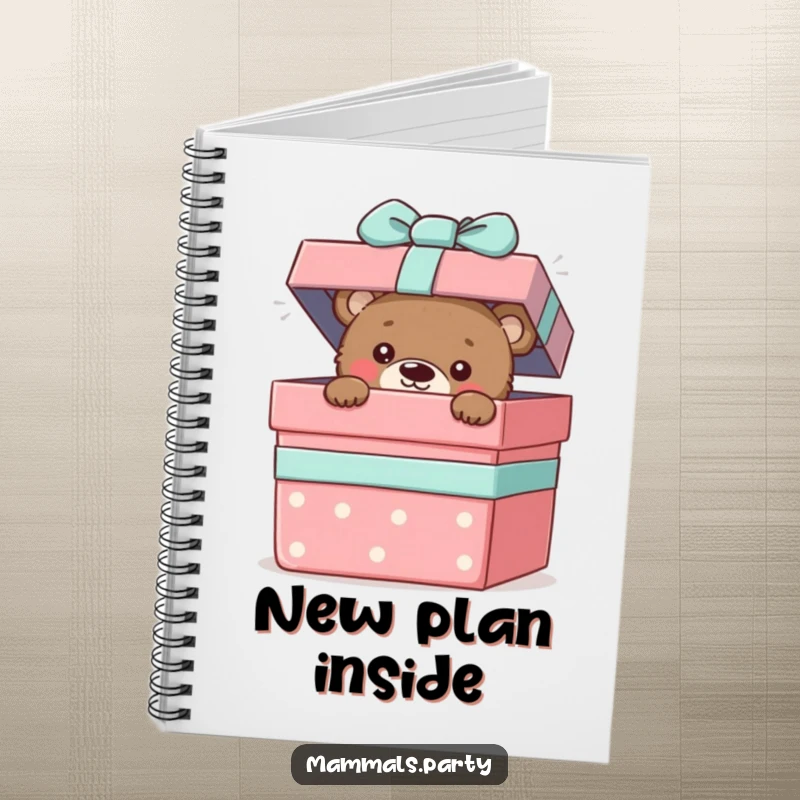 Funny notebook cover with a curious bear cub peeking out of a large gift box, inspiring creative thoughts.