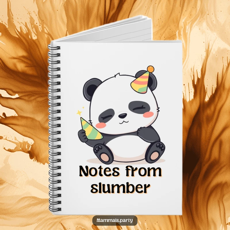 Funny Panda Notebook: A sleepy panda with a mischievous glint holds a party horn, perfect for jotting down playful ideas.