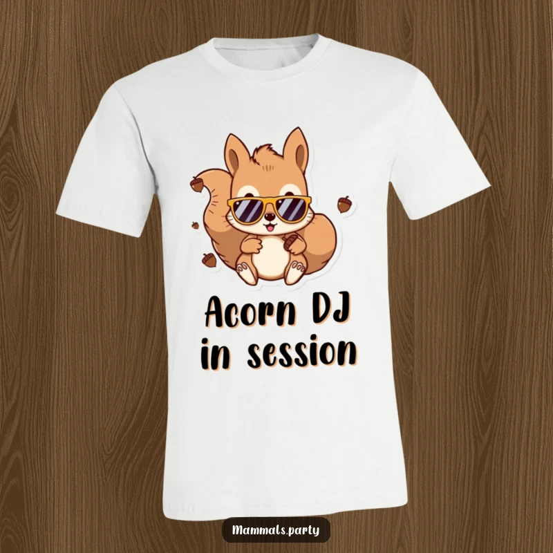 Funny Kawaii Squirrel DJ T-Shirt showing a squirrel in sunglasses with headphones, spinning acorns like records. A humorous and cool gift.
